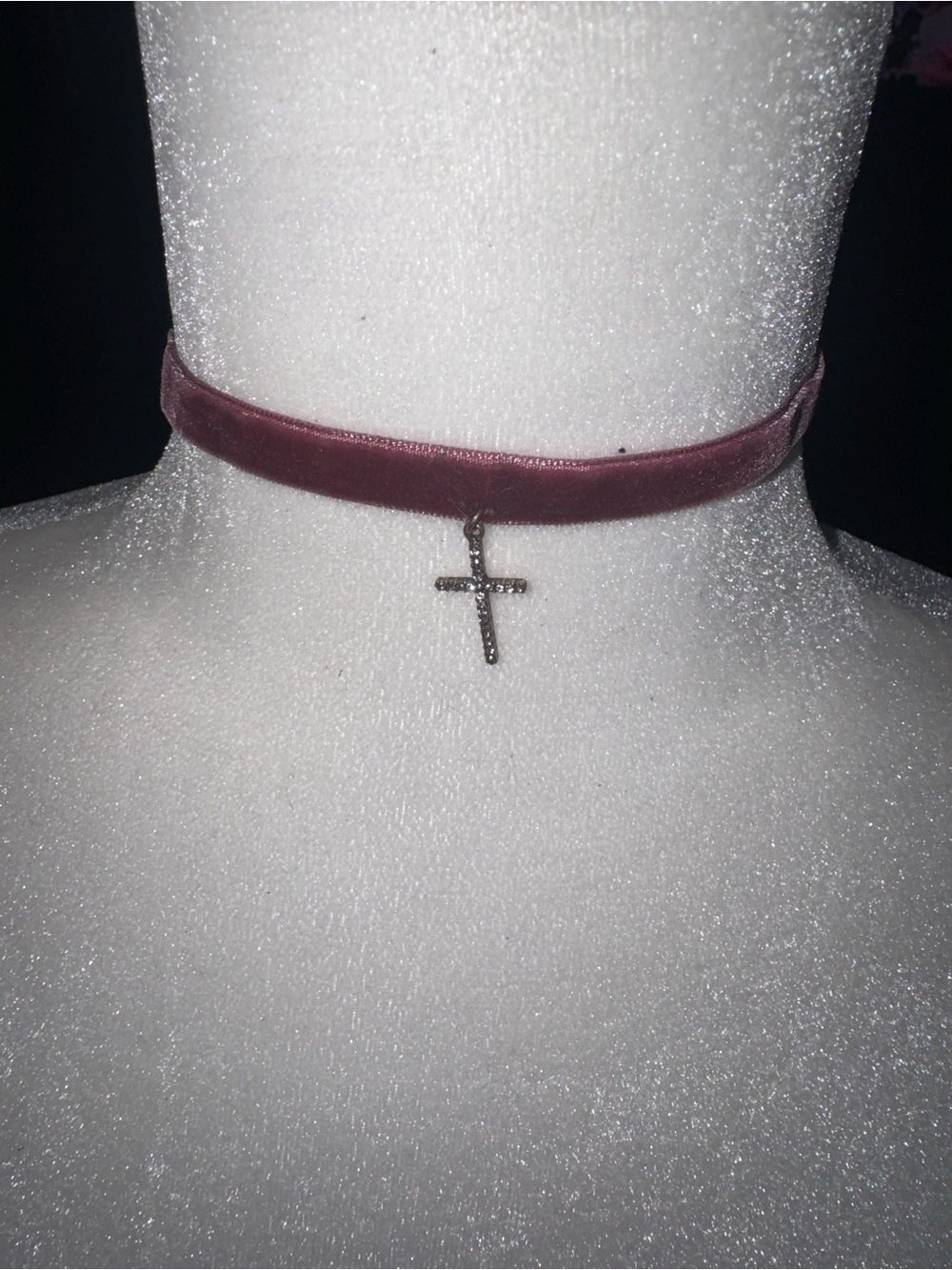 Velvet Maroon mauve Choker Necklace velvet ribbon with rhinestone Cross Pendant